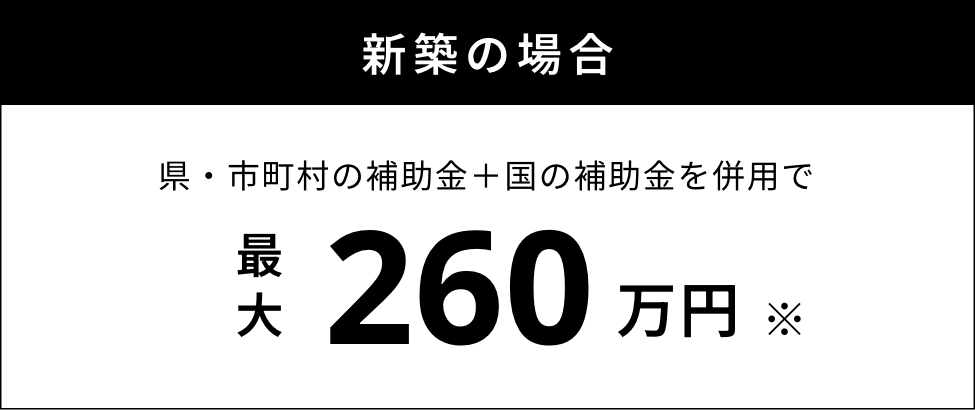 新築の場合：県・市町村の補助金＋国の補助金を併用で最大260万円